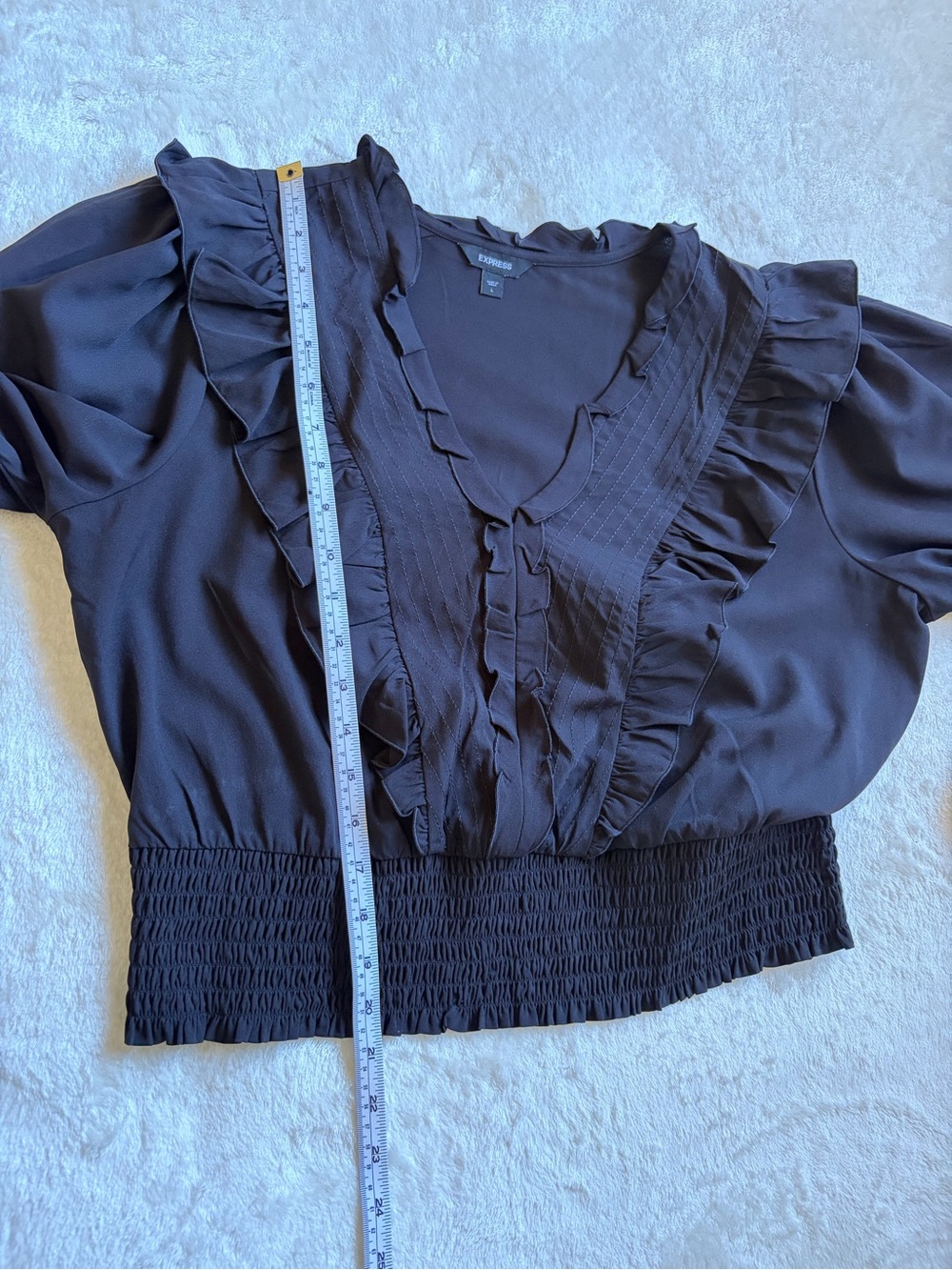 Express Black Ruffled V-Neck Smocked-Waist Blouse - Picture 7 of 9